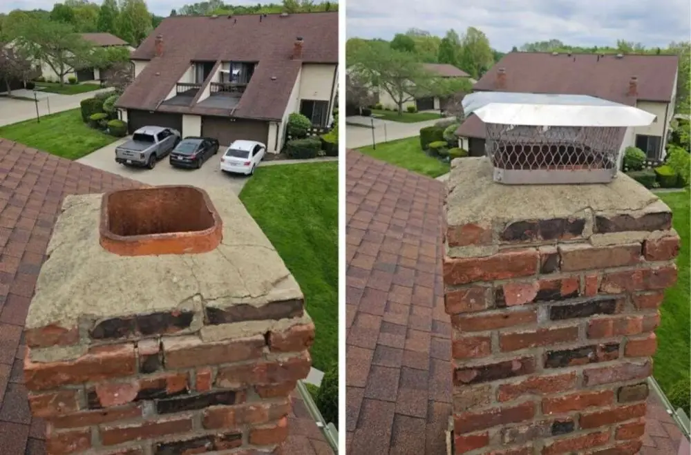 Aerial view of a chimney crown before and after repair in Brunswick Ohio