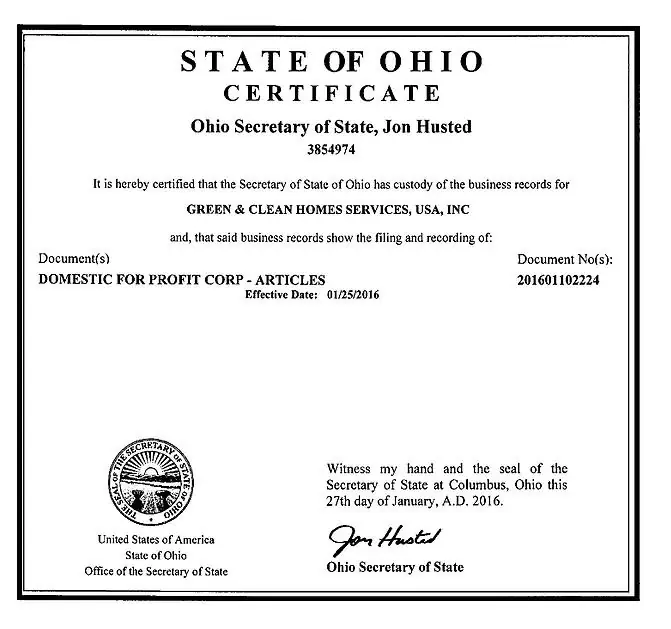 State of Ohio certificate from the Secretary of State