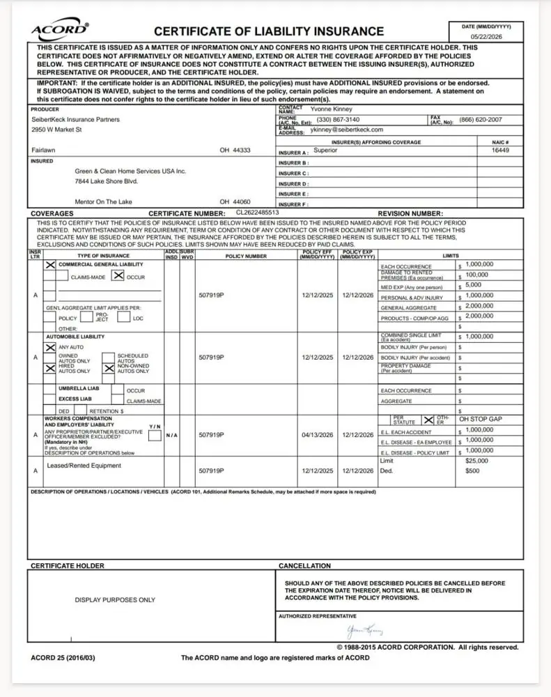 Certificate of liability insurance