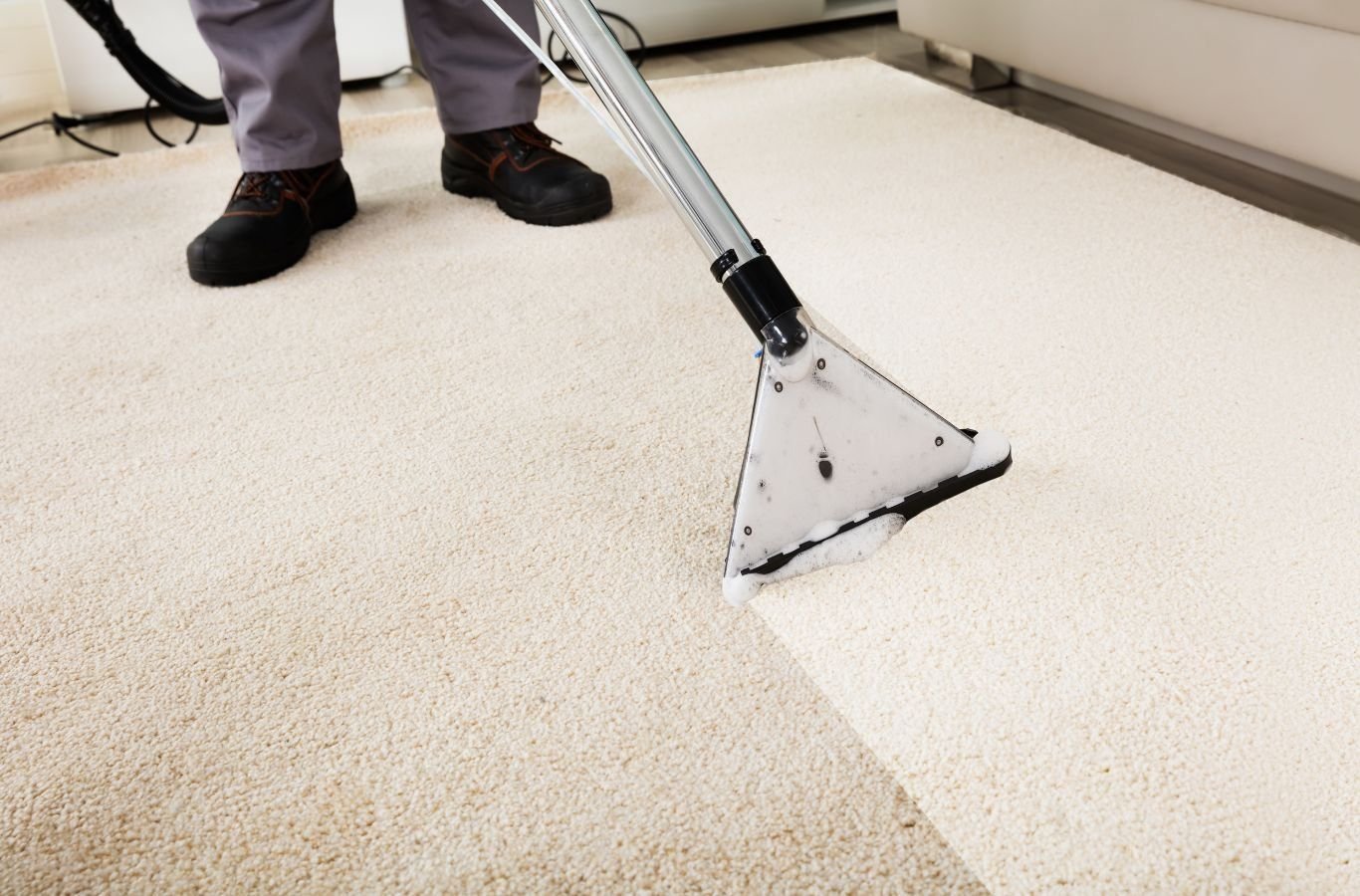 Image of a Green and Clean Home Services employee performing carpet cleaning in a home in Mentor, Ohio.