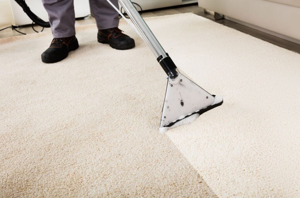 A Green and Clean Home Services technician deep cleaning carpets in a Chardon, Ohio home.