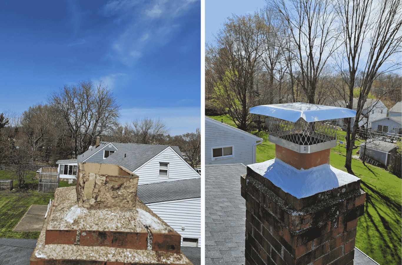 A Green and Clean Home Services technician repairing cracks in a chimney in Willoughby, Ohio.