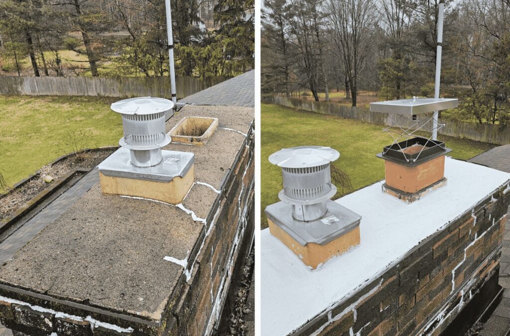 A Green and Clean Home Services technician performing chimney repairs in Willoughby, Ohio. Chimney Repair Near Me.