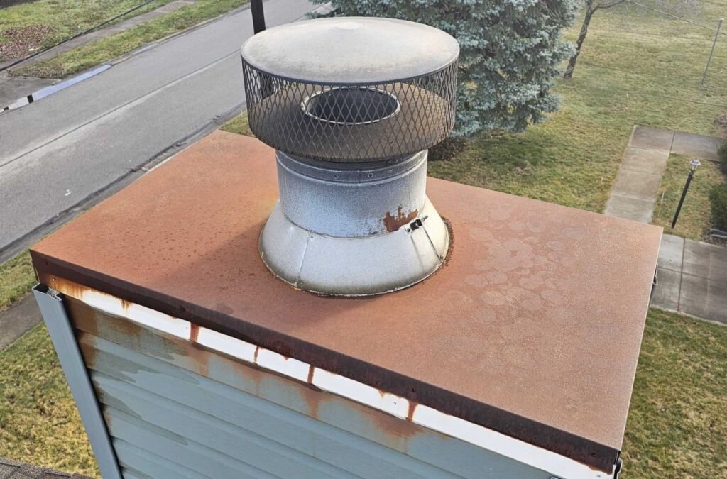 A technician from Green and Clean Home Services cleaning a chimney in Chesterland, OH, ensuring safe and efficient operation.