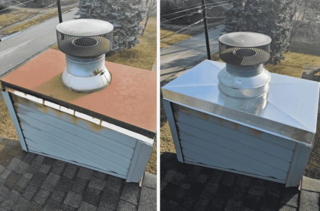 A Green and Clean Home Services team member working on a chimney in Brunswick, OH, demonstrating the value of timely repairs.