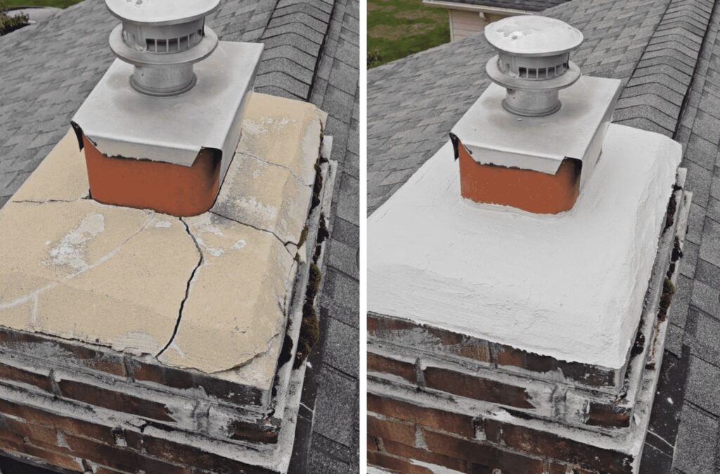 A Green and Clean Home Services expert restoring a chimney in Macedonia, OH, showing the advantages of timely repairs.