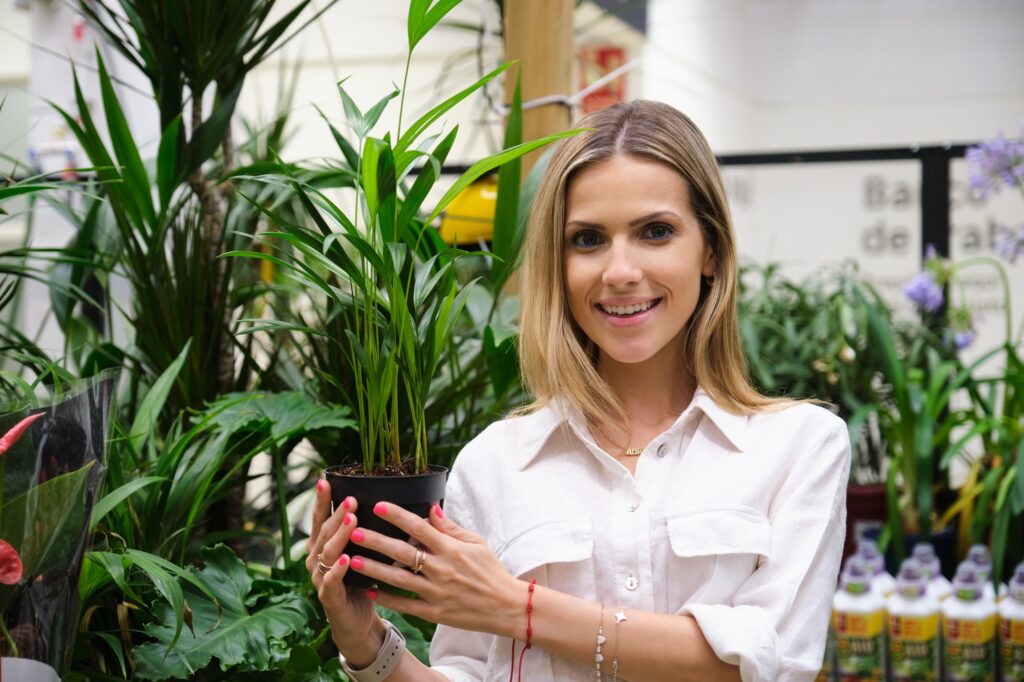 Woman holding a small parlor palm in a plant shop